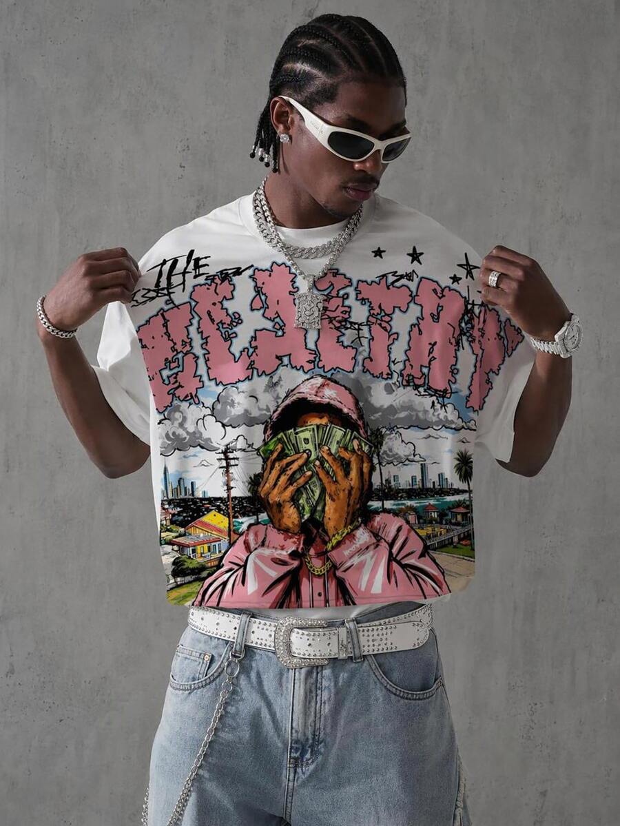 Manfinity Roghcode Men's Casual Daily Wear, Essential For Outings, INS Style, Young Street Graffiti Loose Oversized Short T-Shirt - Multicolor - View 1