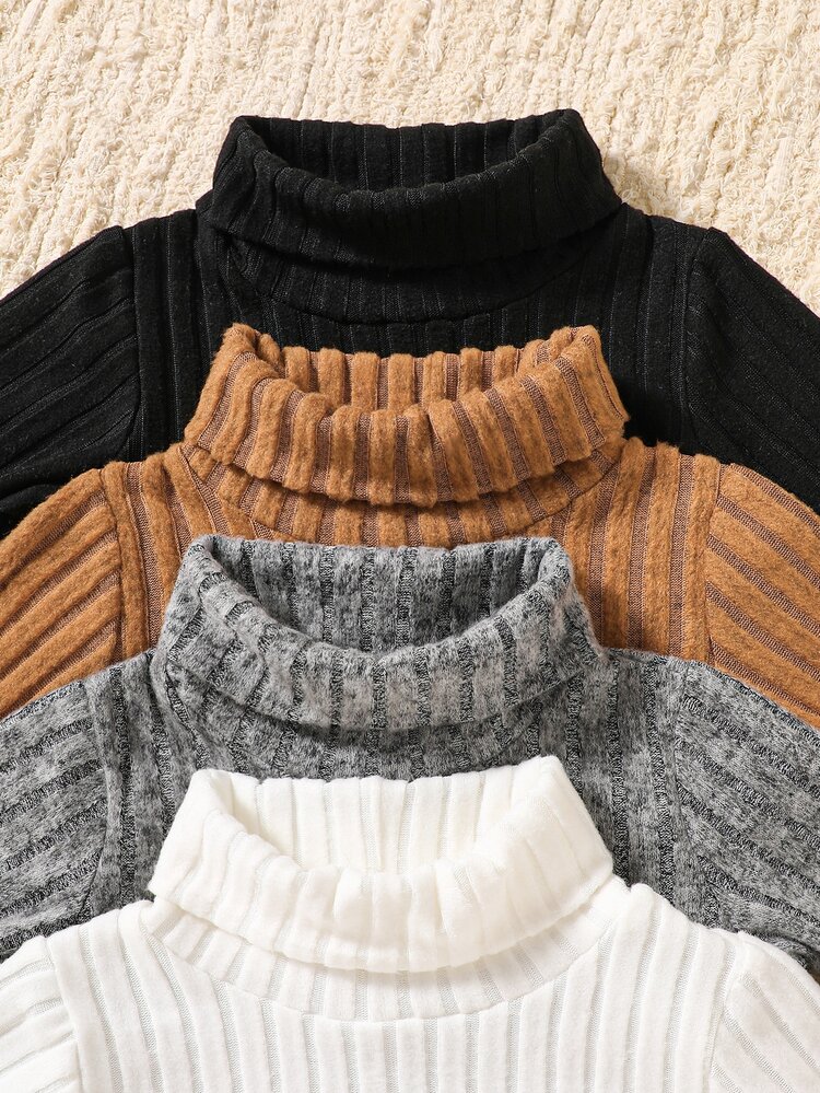 SHEIN 4pcs Toddler Baby Boy Mockneck Top Pants Set Cute Brown Grey White Black Ribbed Patch Turtleneck Long Sleeve High Neck Party Fall Pullover Jumpers - Multicolor - View 7