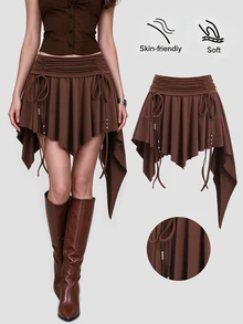 Sweetra Petite Bohemian Style Brown Short Ruched Waist Asymmetric Hem Mini Skirt For Petite, Spring/Summer - Brown - View 1
