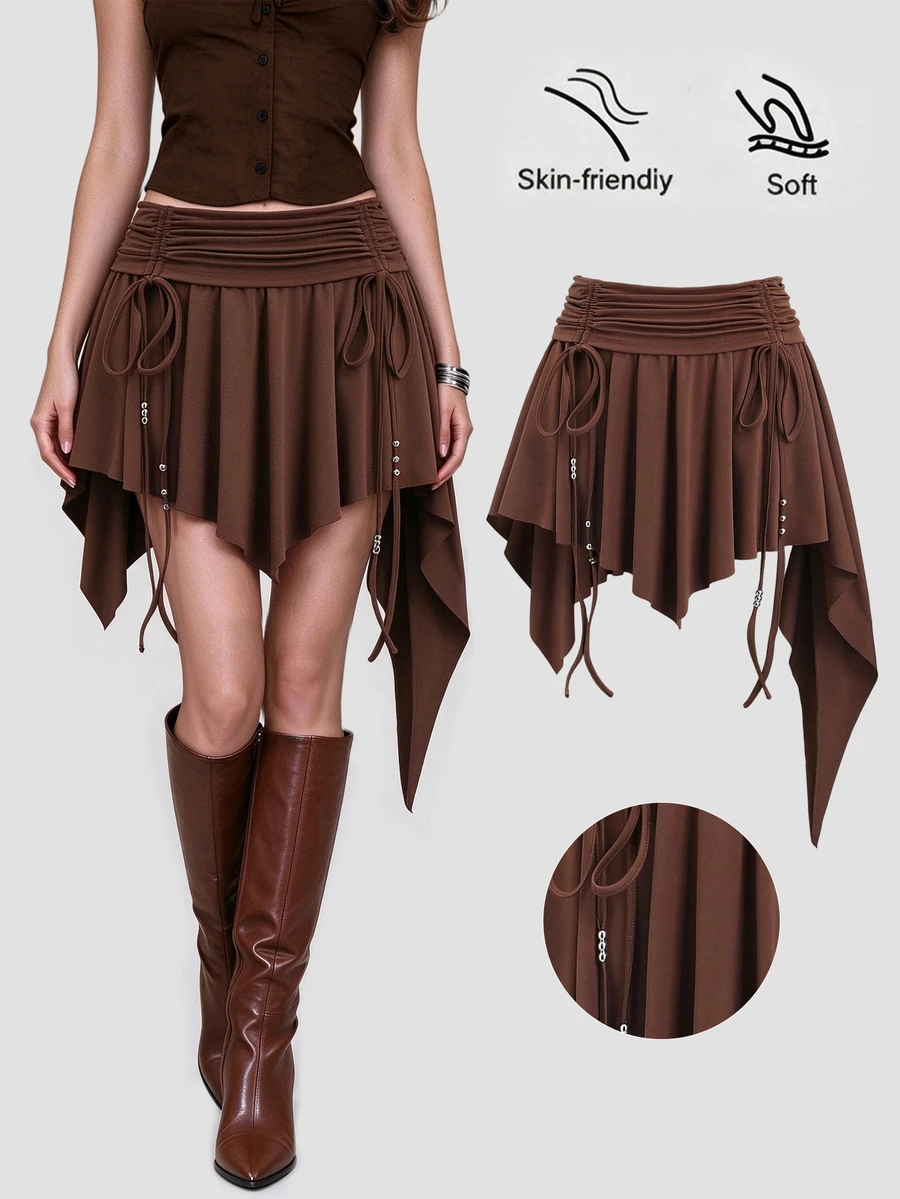 Sweetra Petite Bohemian Style Brown Short Ruched Waist Asymmetric Hem Mini Skirt For Petite, Spring/Summer - Brown - View 1