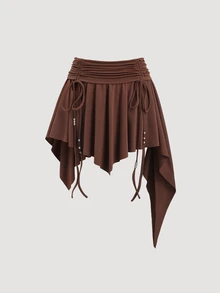 Sweetra Petite Bohemian Style Brown Short Ruched Waist Asymmetric Hem Mini Skirt For Petite, Spring/Summer - Brown - View 3