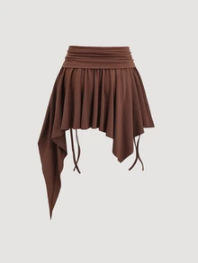 Sweetra Petite Bohemian Style Brown Short Ruched Waist Asymmetric Hem Mini Skirt For Petite, Spring/Summer - Brown - View 2