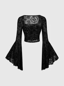ROMWE Goth Atasan Wanita Mewah Musim Semi Gaya Istana Gotik Hitam untuk Pesta Halloween, Bahan Beludru dengan Motif Salib & Bunga, Sisipan Jala, dan Tali Pinggang. - Hitam - View 2
