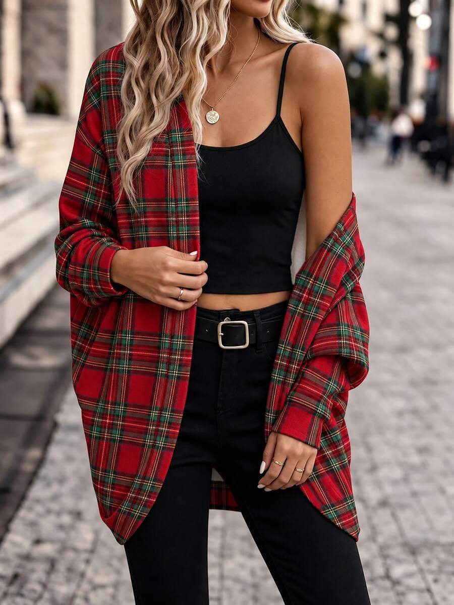 SHEIN Frenchy Plus Size Women's Patchwork Striped Batwing Long Sleeve Open Front Casual Jacket Fall - Multicolor - View 1