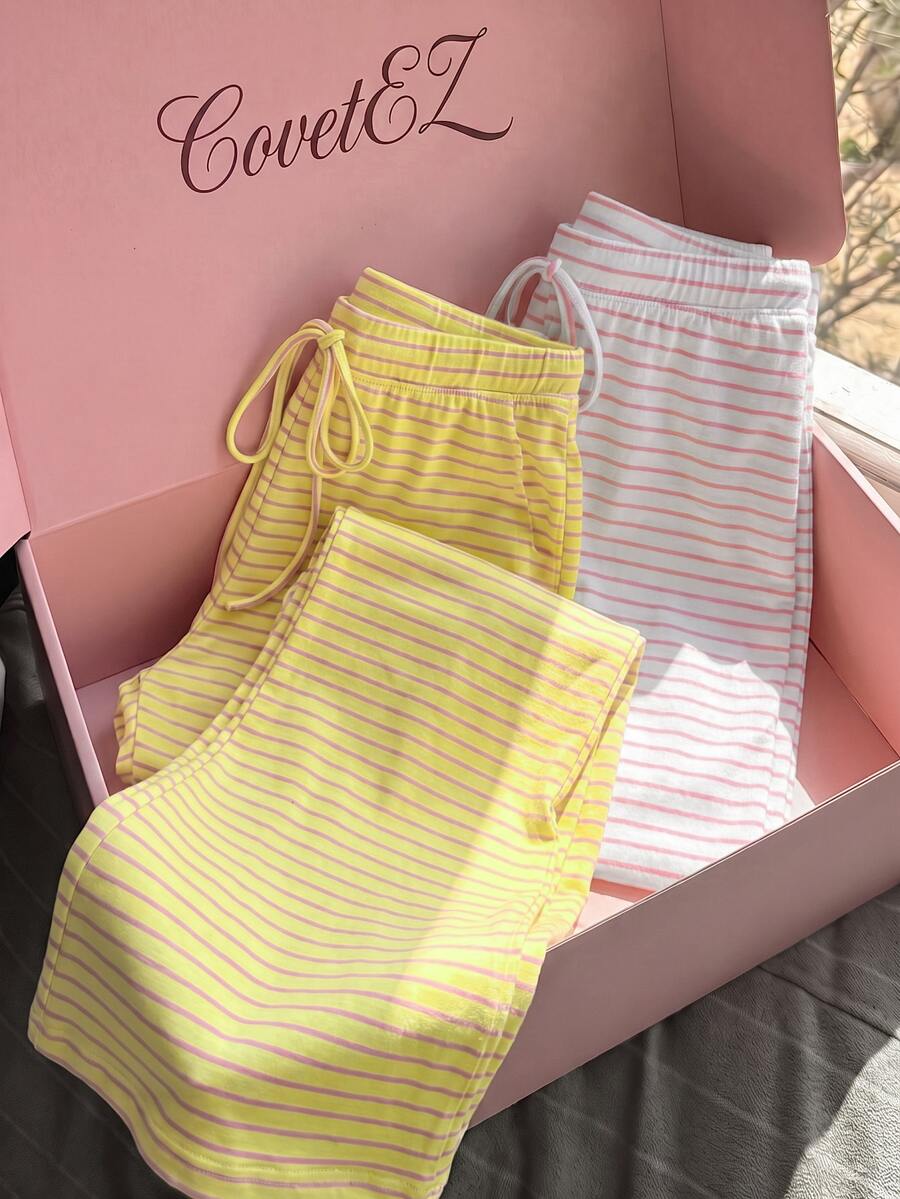 Comfortcana Fall Christmas 2 Packs Ribbed Pink And White Striped Flare Pants For Casual Cute Chic Daily Lounging In And Lounge - Multicolor - View 1