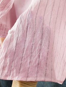SHEIN 青少年女孩小馬印花粉色條紋鈕扣開襟襯衫，冬季柔軟馬刺繡白色襯衫上衣，女士日常基礎層搭休閒開襟衫 - 粉色 - 查看 9