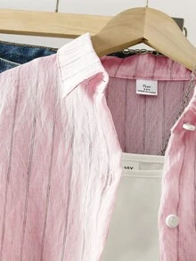 SHEIN 青少年女孩小馬印花粉色條紋鈕扣開襟襯衫，冬季柔軟馬刺繡白色襯衫上衣，女士日常基礎層搭休閒開襟衫 - 粉色 - 查看 7