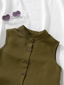 SHEIN Tween Girls 2pcs/Set Summer Casual Coquette Cute Solid Color Tank Top Mini Skirt Set, Minimalist, Comfortable, Outfit, Daily Family Olive Green School - Olive Green - View 5