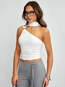 Avenya Women's White Asymmetric Twist Metal Decor Ribbon T-Shirt - White - View 6