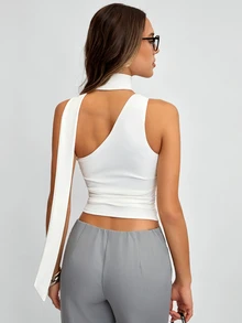 Avenya Women's White Asymmetric Twist Metal Decor Ribbon T-Shirt - White - View 7