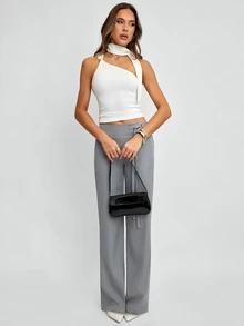 Avenya Women's White Asymmetric Twist Metal Decor Ribbon T-Shirt - White - View 8