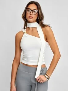 Avenya Women's White Asymmetric Twist Metal Decor Ribbon T-Shirt - White - View 3