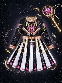 SHEIN 女童韓系K-Pop圓領長袖洋裝 白色公主風 秋季度假萬聖節 7歲生日/1歲生日禮服 - 黑色 - 查看 5