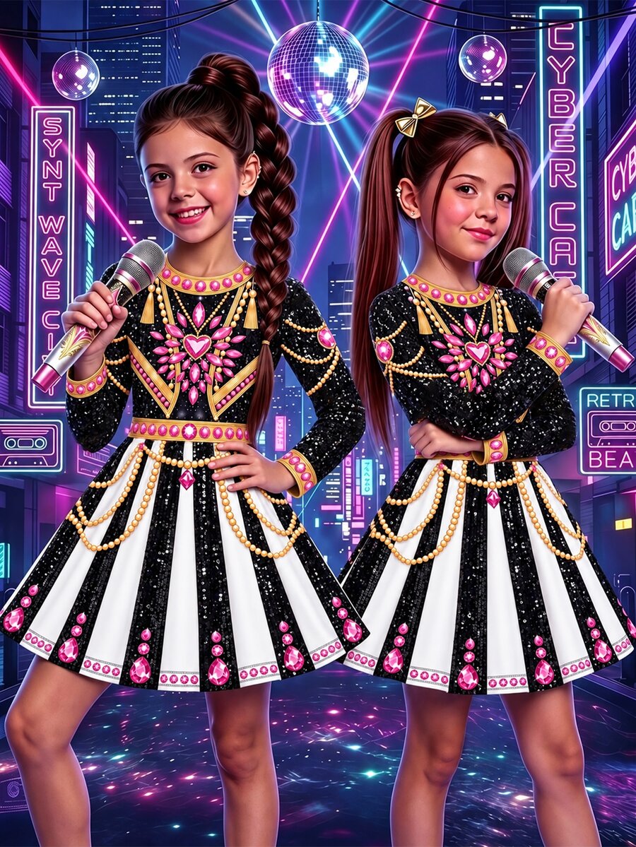SHEIN 女童韓系K-Pop圓領長袖洋裝 白色公主風 秋季度假萬聖節 7歲生日/1歲生日禮服 - 黑色 - 查看 1