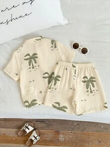SHEIN 2件套男童夏季度假休闲米色棕榈树印花短袖衬衫和短裤套装 - 綠色 - 查看 2