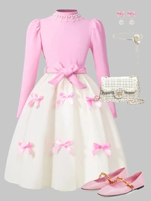 SHEIN Tween Girl Mandarin Collar Long Gigot Sleeve Elegant Bow Decor Waist Ruffle Hem Fashion Dress - Multicolor - View 6