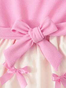SHEIN Tween Girl Mandarin Collar Long Gigot Sleeve Elegant Bow Decor Waist Ruffle Hem Fashion Dress - Multicolor - View 8