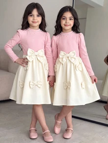SHEIN Tween Girl Mandarin Collar Long Gigot Sleeve Elegant Bow Decor Waist Ruffle Hem Fashion Dress - Multicolor - View 1