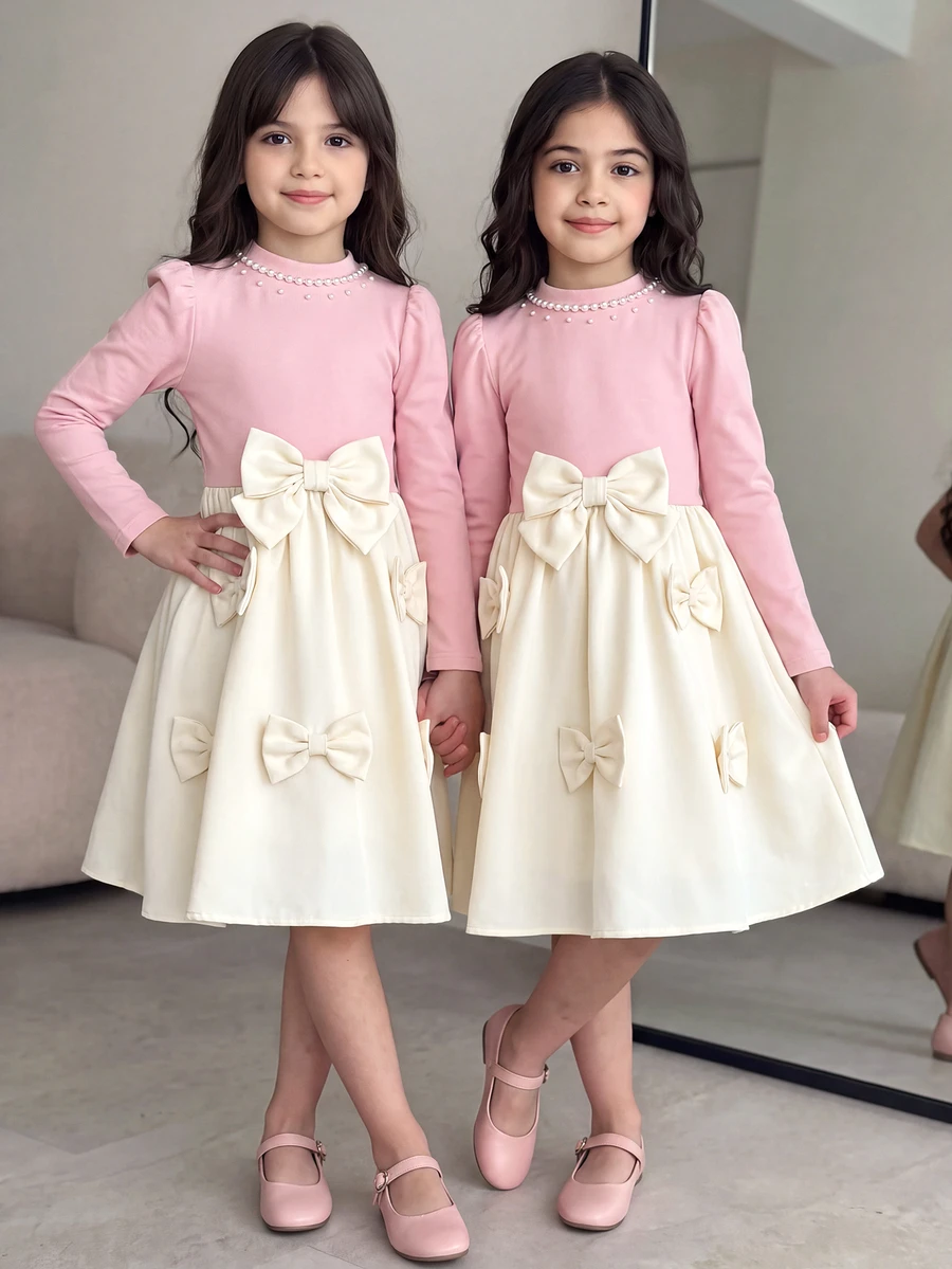 SHEIN Tween Girl Mandarin Collar Long Gigot Sleeve Elegant Bow Decor Waist Ruffle Hem Fashion Dress - Multicolor - View 1