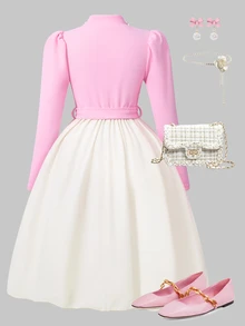 SHEIN Tween Girl Mandarin Collar Long Gigot Sleeve Elegant Bow Decor Waist Ruffle Hem Fashion Dress - Multicolor - View 4