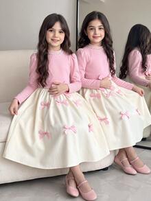 SHEIN Tween Girl Mandarin Collar Long Gigot Sleeve Elegant Bow Decor Waist Ruffle Hem Fashion Dress - Multicolor - View 2