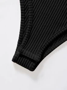 SHEIN LUNE Women's Autumn/Winter Casual Sexy Knit Ribbed Contrast Lace Trim Ruched Front Long Sleeve Slim Fit Bodysuit Going Out Black And White - Black - View 4