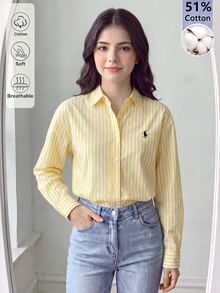 SHEIN 青少年女孩秋季上衣 白色細條紋刺繡長袖襯衫，可愛，返校季，秋冬穿搭，休閒街頭風，條紋海灘正式風 - 黃色 - 查看 2