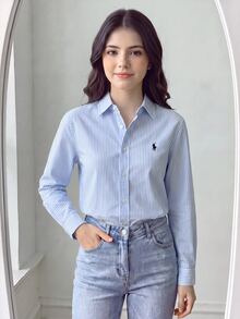 SHEIN 青少年女孩秋季上衣 白色細條紋刺繡長袖襯衫，可愛，返校季，秋冬穿搭，休閒街頭風，條紋海灘正式風 - 黃色 - 查看 4