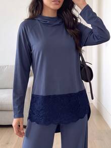 Solavon Women's Raglan Long Sleeve Lace Hem Top And Pants Sports Set - Blue - View 3
