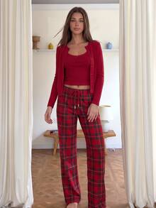 Comfortcana Women's Autumn/Winter Christmas Solid Color Single-Breasted Top Camisole And Plaid Pants Loungewear Set - Red - View 12