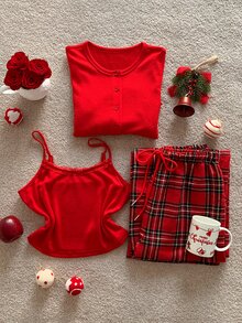 Comfortcana Women's Autumn/Winter Christmas Solid Color Single-Breasted Top Camisole And Plaid Pants Loungewear Set - Red - View 9