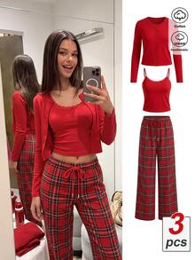 Comfortcana Women's Autumn/Winter Christmas Solid Color Single-Breasted Top Camisole And Plaid Pants Loungewear Set - Red - View 1