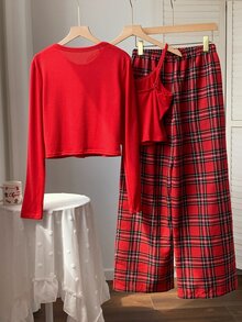 Comfortcana Women's Autumn/Winter Christmas Solid Color Single-Breasted Top Camisole And Plaid Pants Loungewear Set - Red - View 7