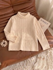 SHEIN Girls' High Neck Knit Jacquard T-Shirt, Fall/ Long Sleeve Top White Fairy - Apricot - View 6
