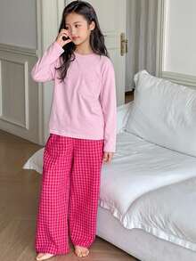 Dazy Kids Tween Girl Solid Color Long Sleeve Top And Plaid Pants Casual Daily Home Sleepwear Set Fall - Hot Pink - View 5