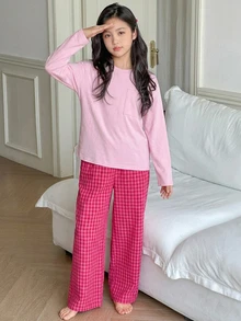 Dazy Kids Tween Girl Solid Color Long Sleeve Top And Plaid Pants Casual Daily Home Sleepwear Set Fall - Hot Pink - View 7
