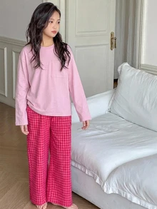 Dazy Kids Tween Girl Solid Color Long Sleeve Top And Plaid Pants Casual Daily Home Sleepwear Set Fall - Hot Pink - View 8