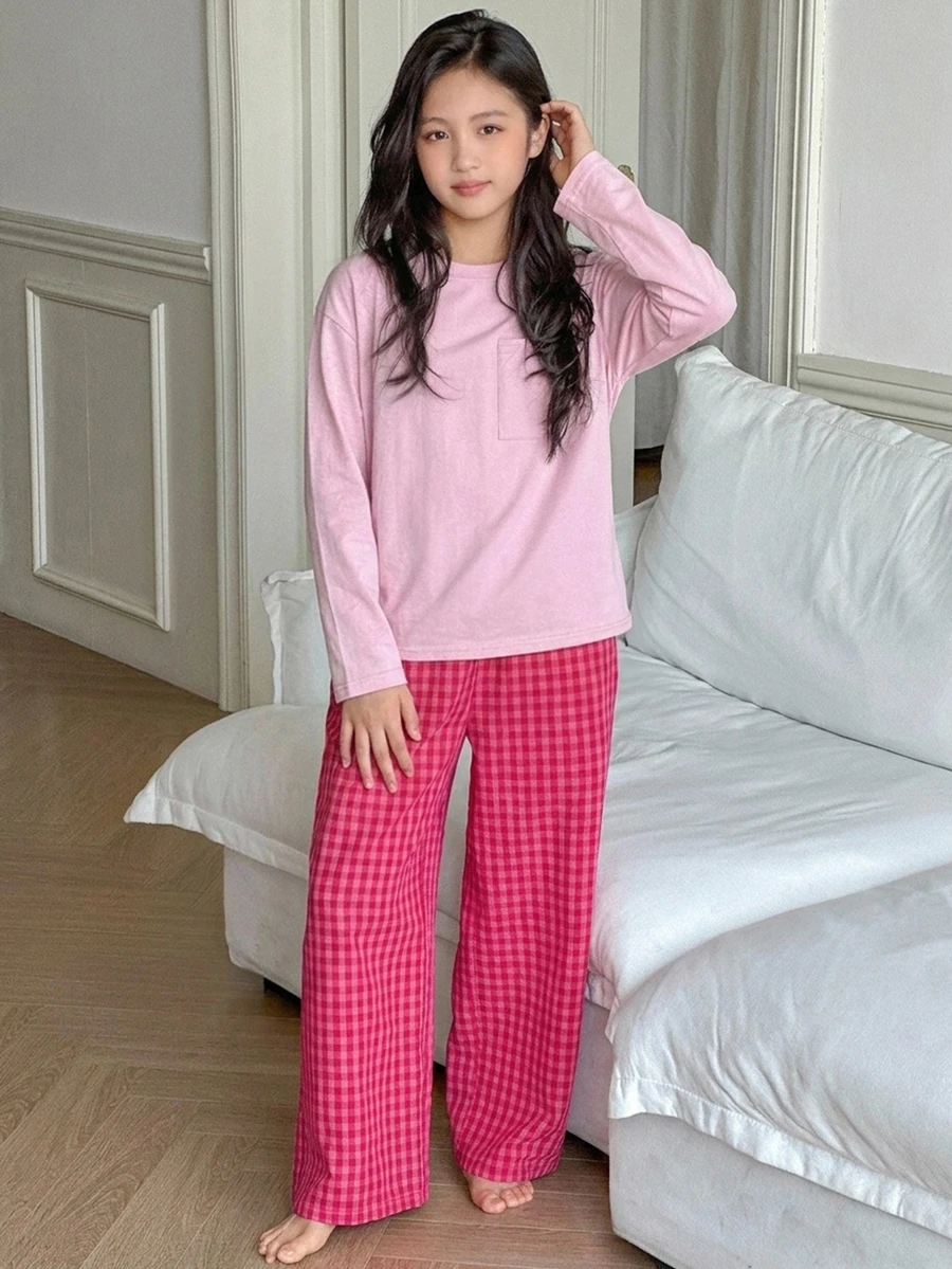 Dazy Kids Tween Girl Solid Color Long Sleeve Top And Plaid Pants Casual Daily Home Sleepwear Set Fall - Hot Pink - View 1