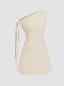 SHEIN Unity Women's Asymmetric Tie-Up Waist Short Dress - Beige - View 4