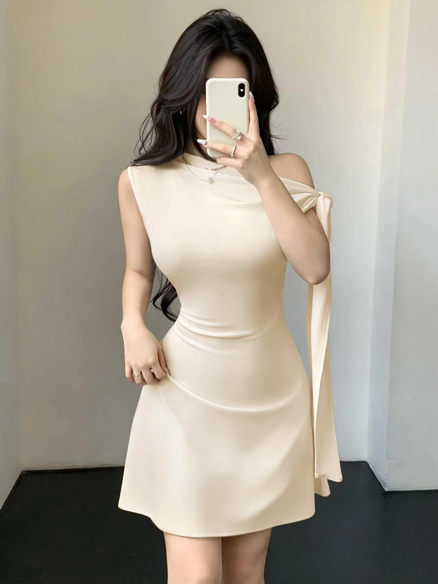 SHEIN Unity Women's Asymmetric Tie-Up Waist Short Dress - Beige - View 1