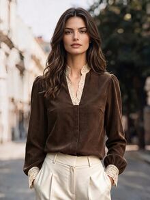 SHEIN LUNE 女款拼色休閒日常長袖襯衫 - 棕色 - 查看 1