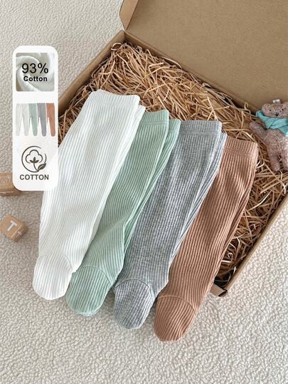SHEIN 4 piezas/paquete de patucos de tela de punto elástica acanalada suave y amigable con la piel para bebés recién nacidos, primavera verano otoño invierno, lindos dulces minimalistas versátiles elásticos fáciles de poner y quitar, alta relación costo-rendimiento, adecuados para salidas, vacaciones, uso diario, nuevo estilo de primavera verano, conjunto de pantalones de ropa para bebé niña