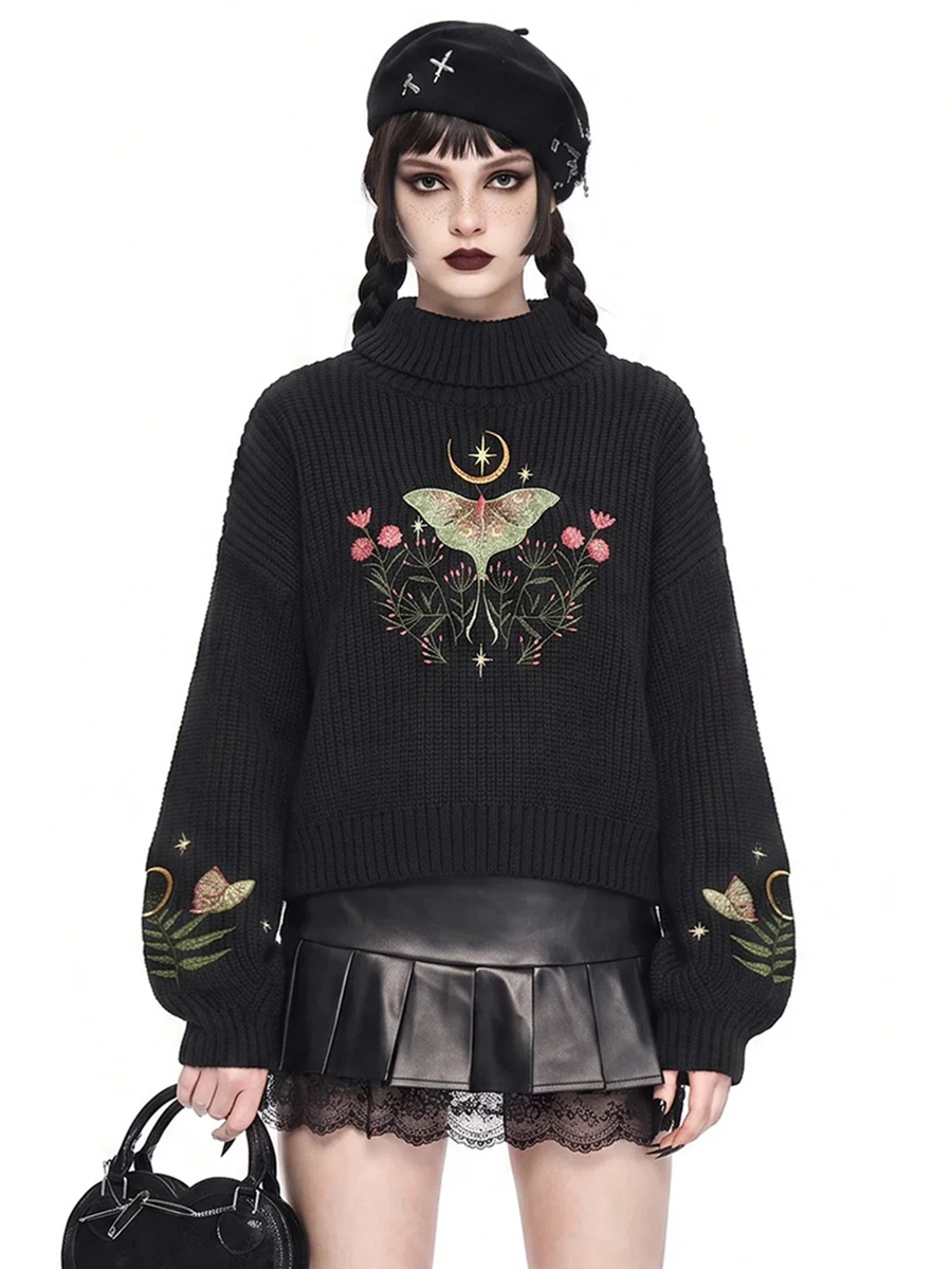ROMWE Goth Spring Casual Flower Black Loose Fit Mushroom Embroidery Lantern Sleeve Pullover Sweater - Black - View 1