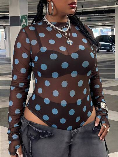 SHEIN CURVE+ Body de uso diario casual con lunares para mujer de talla grande, Navidad