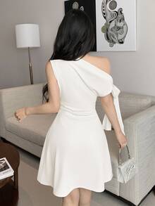SHEIN Unity Women's Asymmetric Tie-Up Waist Short Dress White One Shoulder Dress - White - View 2