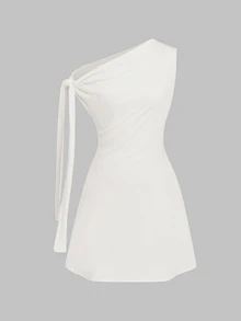 SHEIN Unity Women's Asymmetric Tie-Up Waist Short Dress White One Shoulder Dress - White - View 4