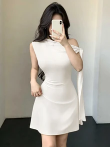 SHEIN Unity Women's Asymmetric Tie-Up Waist Short Dress White One Shoulder Dress - White - View 1