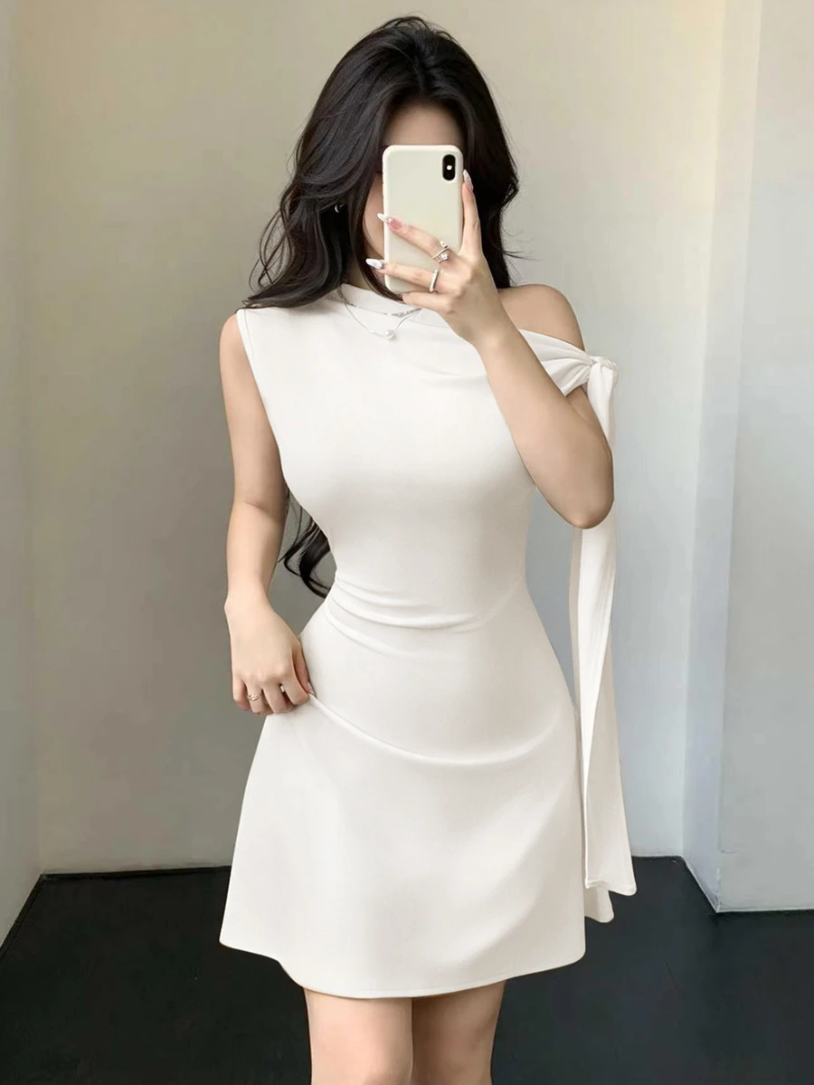 SHEIN Unity Women's Asymmetric Tie-Up Waist Short Dress White One Shoulder Dress - White - View 1
