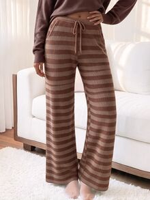 Comfortcana Casual 70s Loose Colorblock Dark Brown Long Pants Fall Clothes For Women Work Lounge Everyday Home Outfits Thanksgiving - Mocha Brown - View 2