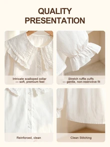 SHEIN 春秋新款彼得潘領 3D 蝴蝶結長袖寬鬆白色襯衫，甜美百搭清新學院風小眾法式荷葉邊上衣，開學季校服 - 米色 - 查看 4